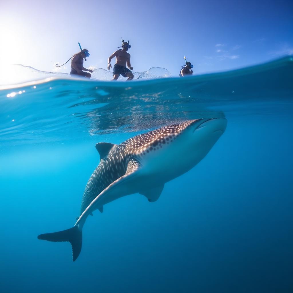 Whale shark and snorkelers at Isla Mujeres, Mexico — Whale shark aggregation capital.